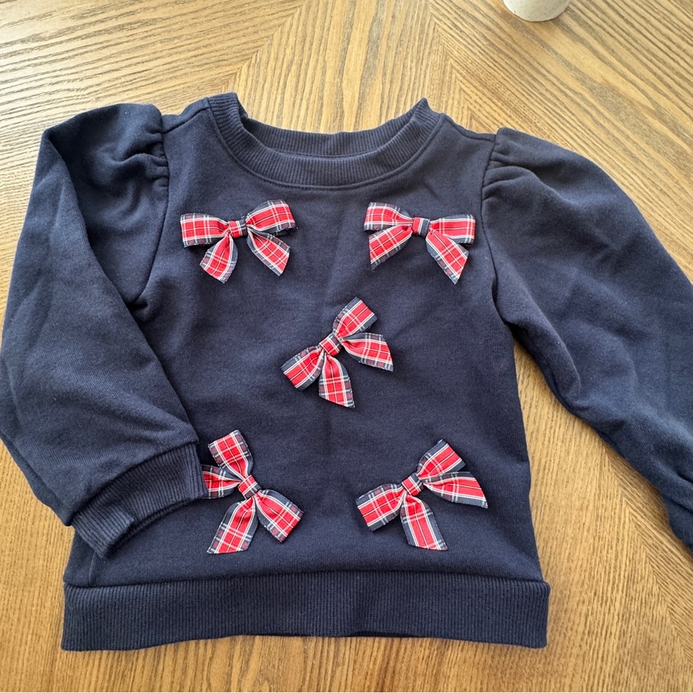 2T Navy Blue Puff Sleeve Sweatshirt w/ Plaid Bows